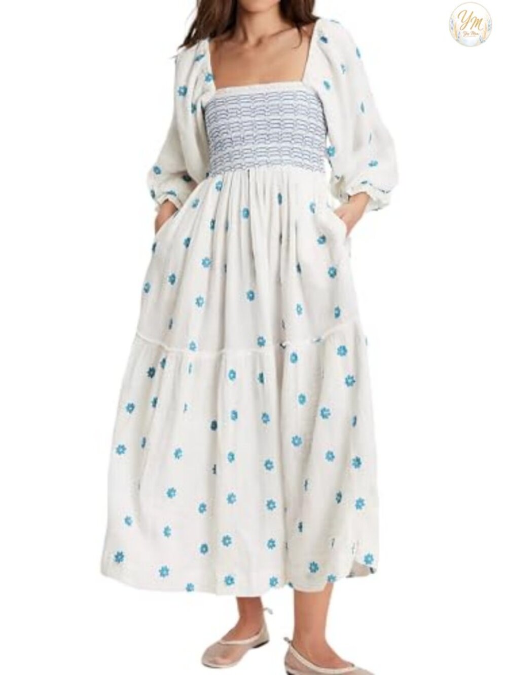 Women's Cotton Floral Embroidered Boho Midi Dress with Pockets